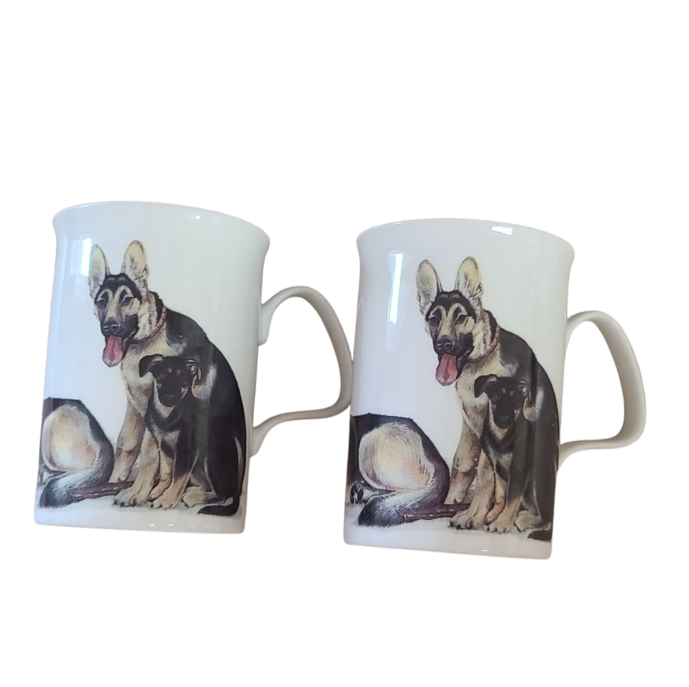 German Shepherd Dog Mugs, Set Of 2, Vintage, Roy Kirkham, Fine Bone China, 1990